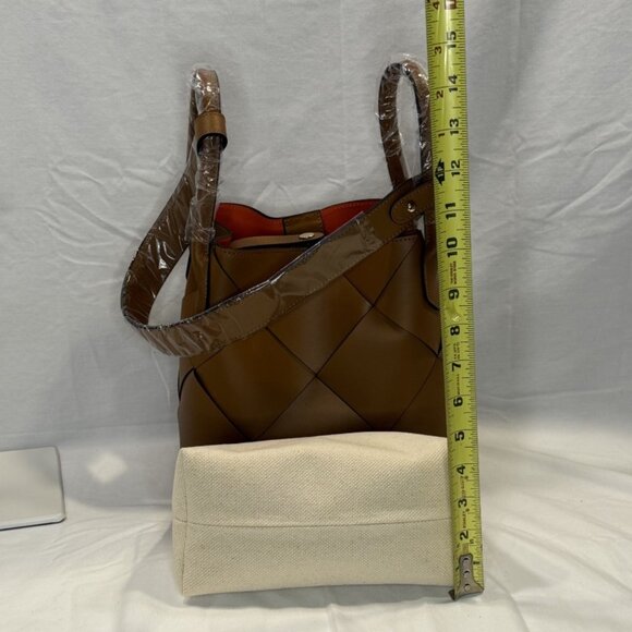Caramel Woven Leather Bucket Bag, Loop Handles, Removable Shoulder Strap, NWOT - Picture 13 of 16